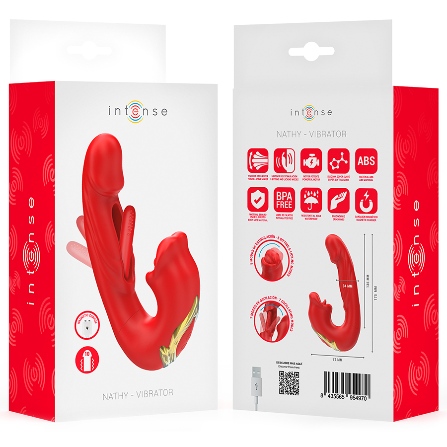 INTENSE - NATHY DOUBLE VIBRATOR WITH STIMULATING MOUTH, MULTIFUNCTION, RED
